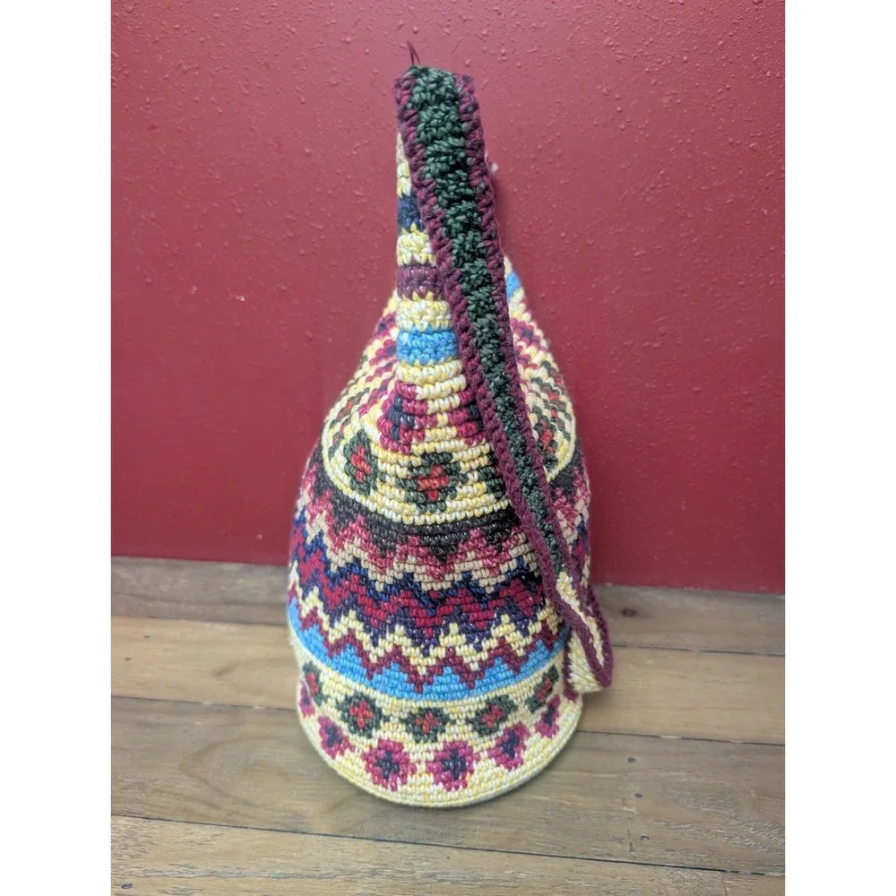 Vintage Crochet Bucket Bag Boho Indie Festival Hippie Shoulder Crossbody Purse